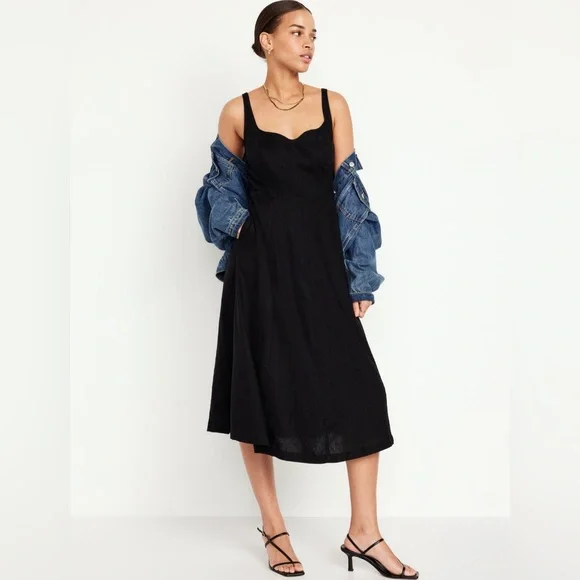 Old Navy Women's Fit &Amp Flare Linen-Blend Midi Dress Black Regular Size M